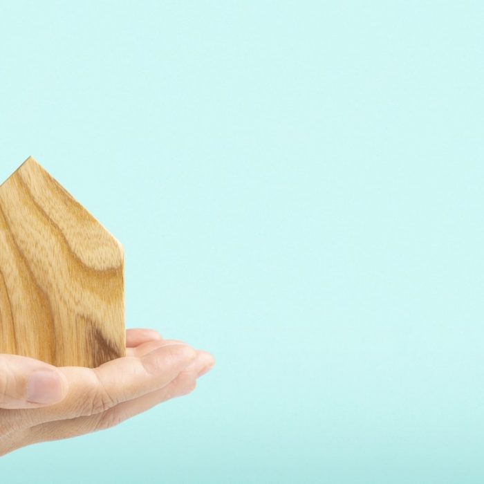 hand holding home wood at blue background.real estate concept